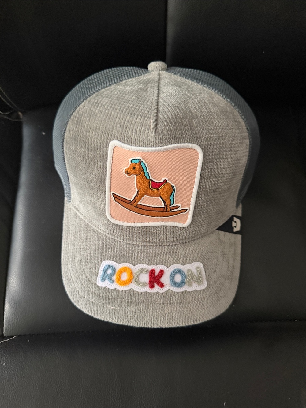 Gray Trucker Cap with Rock on Patch and Rocking Horse Patch